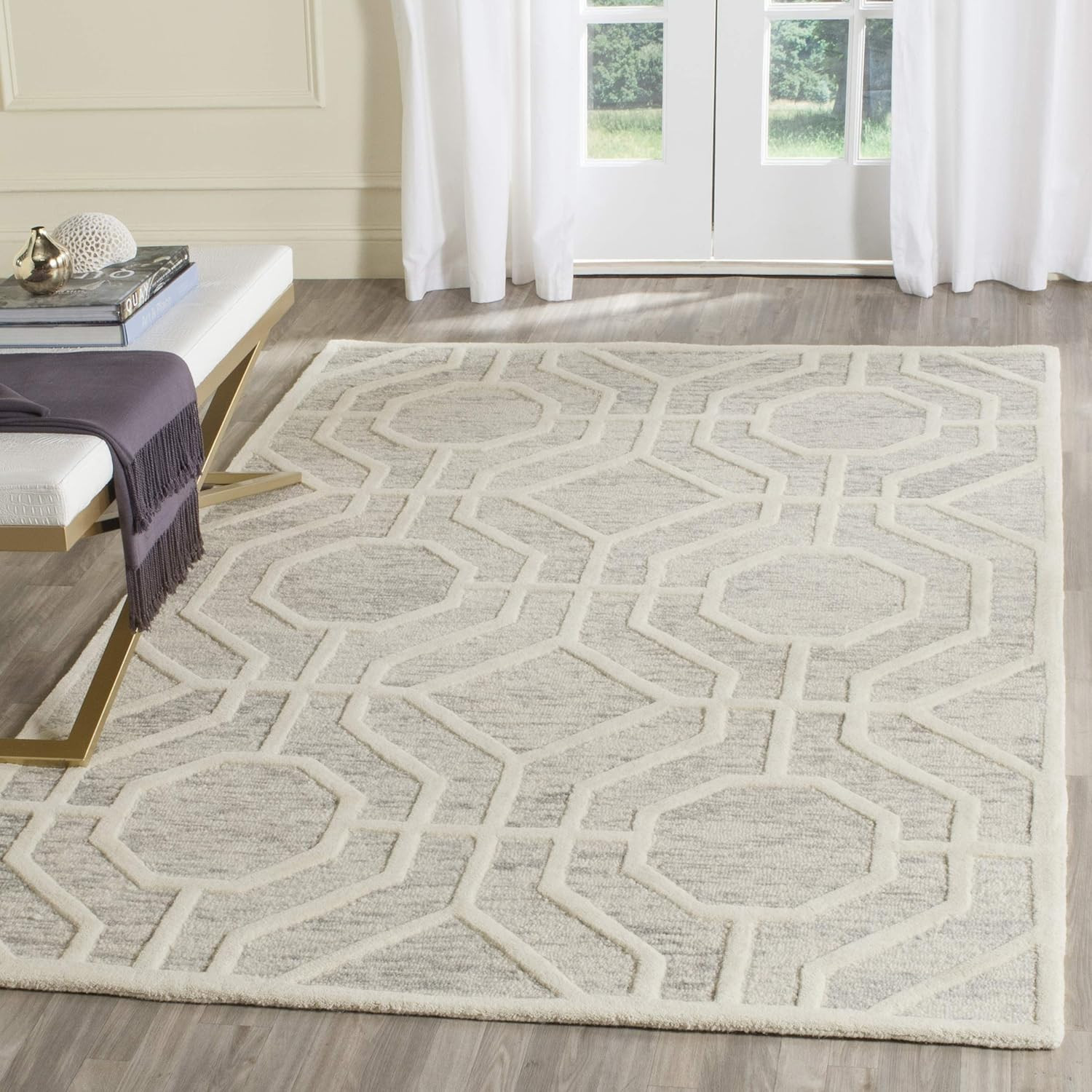 Handmade Moroccan Distressed Wool Area Rug – 6′ Square, Light Grey & Ivory