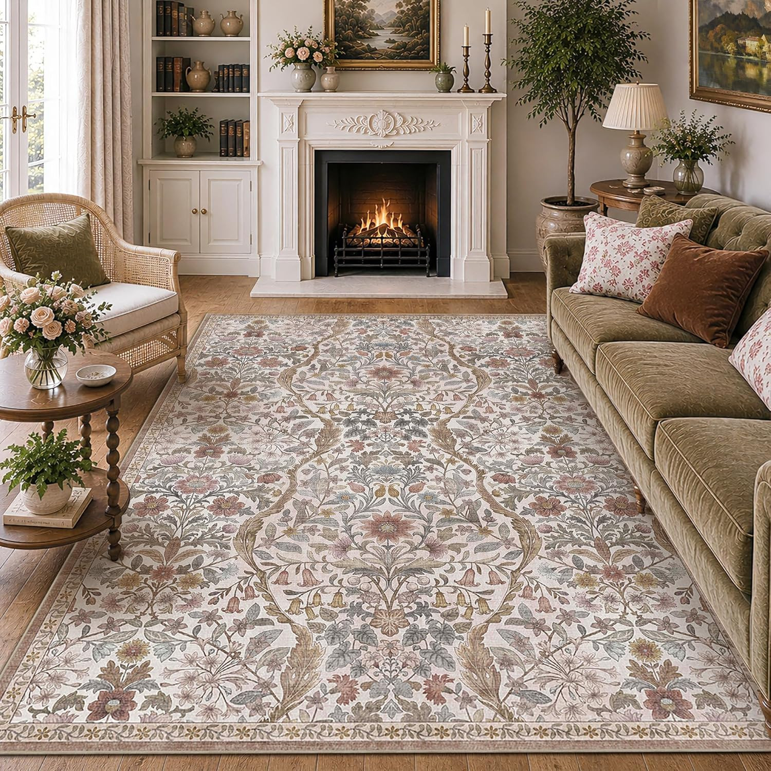5×7 Dark Green Washable Floral Area Rug,Vintage Boho Soft Low-Pile Living Room R