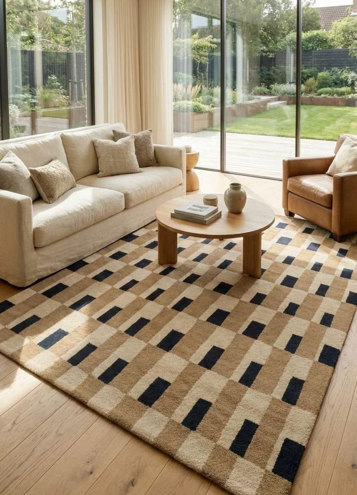Modern Geometric Hand-Tufted Wool Rug | Beige & Navy Checkered Area Rug Carpet