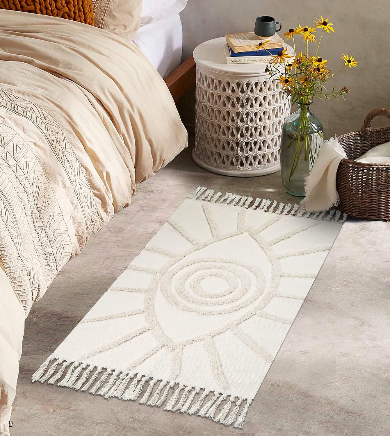 Boho Bathroom Rugs 2’X3′ Beige Evil Eye Tufted Entryway Mat with Tassels Soft Ma