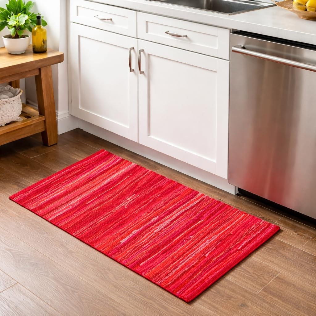 Savi Home Hand Woven 100% Cotton Chindi Rag Rug 20″x32″ – Red Multi, Recycled…