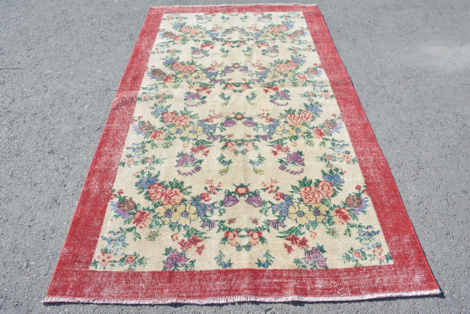 4,6×8,2 ft Turkish Rug, Vintage Area Rug, Red White Solid Wool Rug