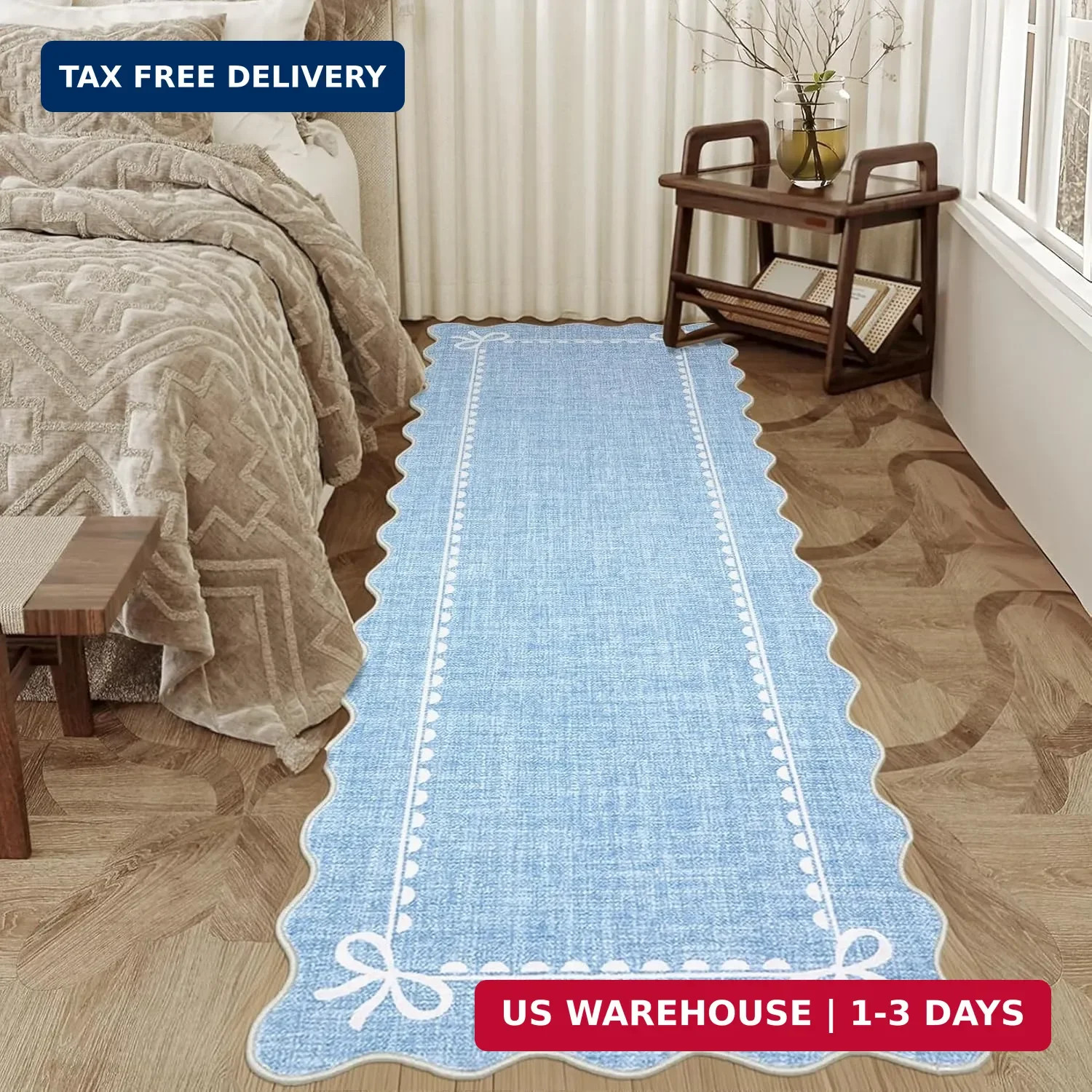 Scalloped Bow Rug for Living Room, Solid Blue Rug for Dorm, Washable Runner