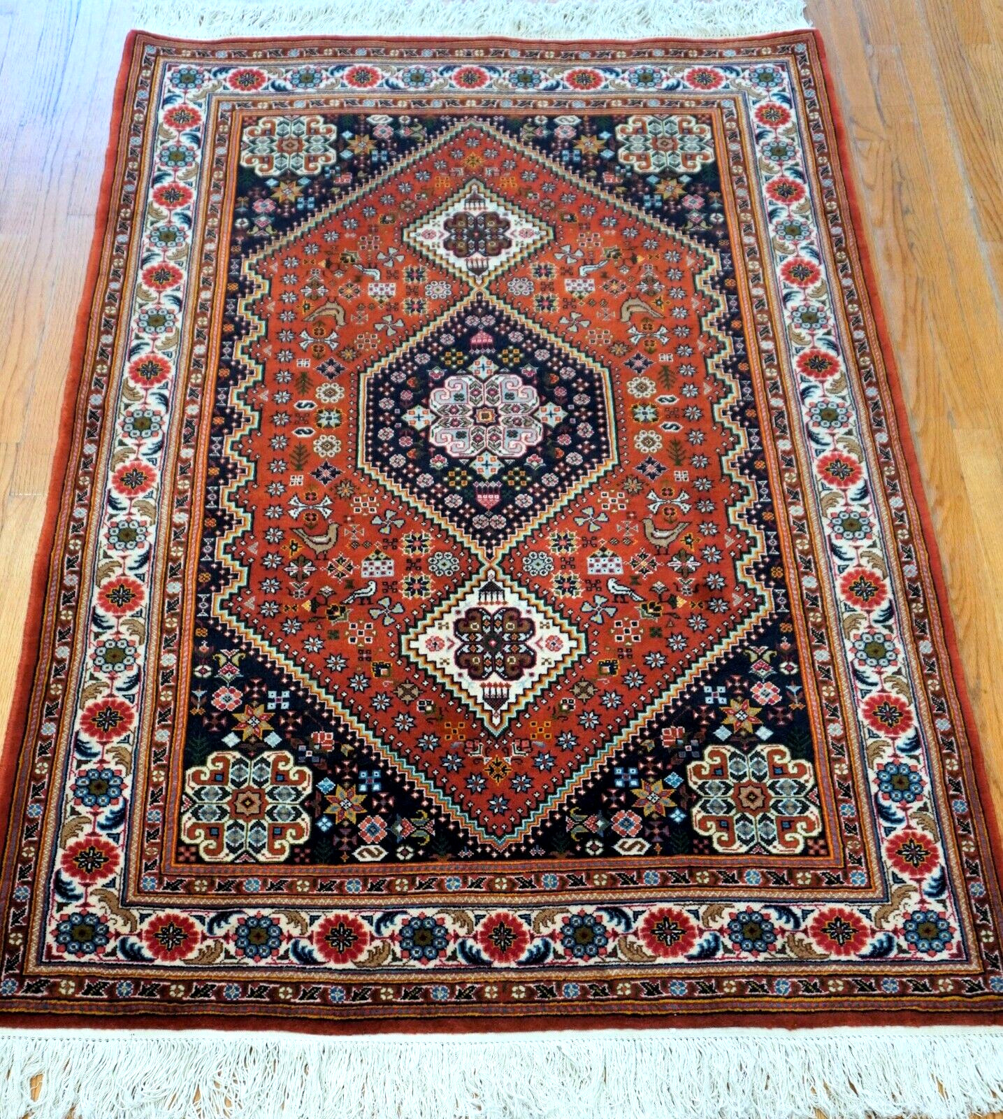 4′ x 6′ Fine New Abadehh Qashqaii Birds Hand-Knotted Wool Rug Excellent