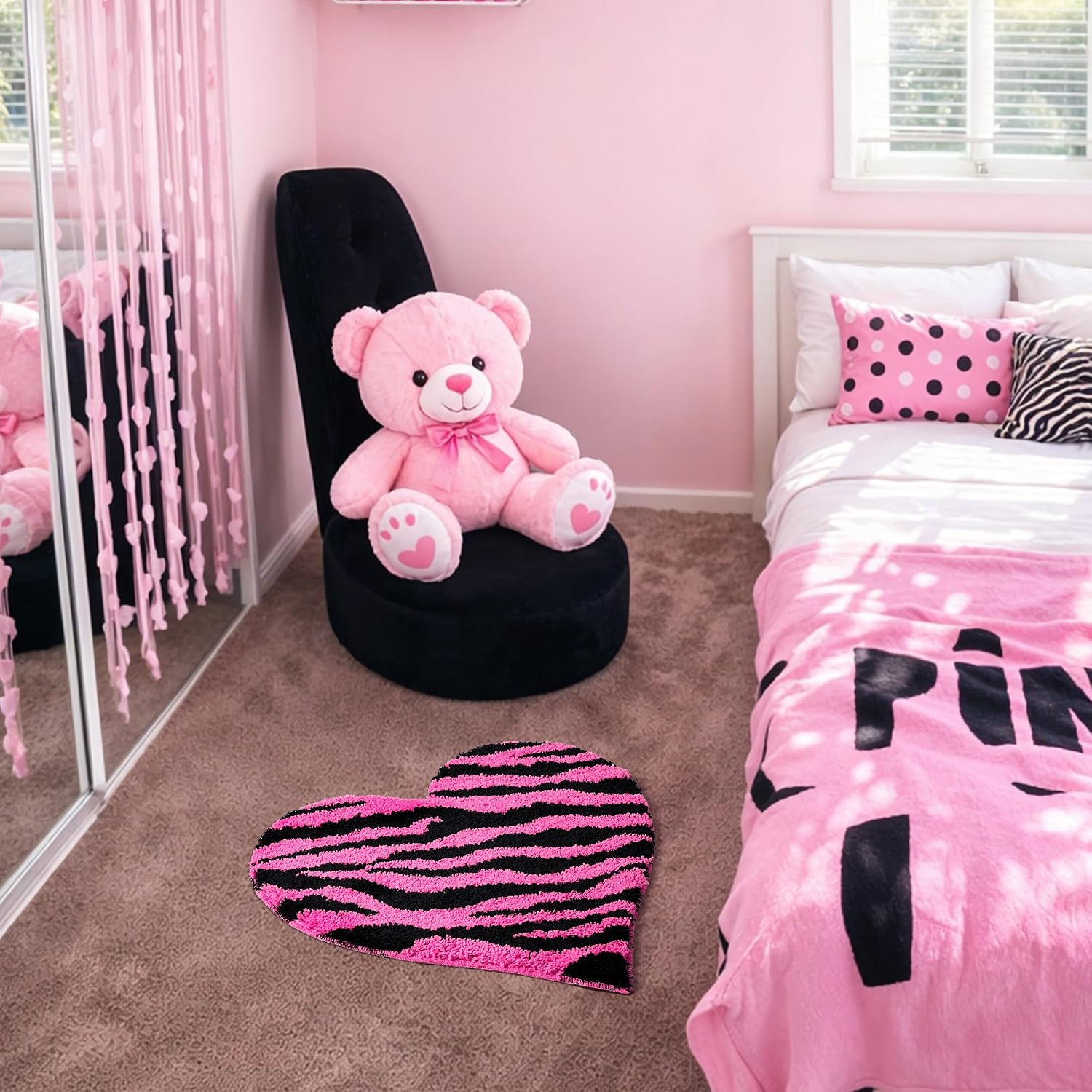 Y2K Hot Pink Zebra Print Rug, 24 Inch Heart Shaped Soft Plush Small Rug with Non