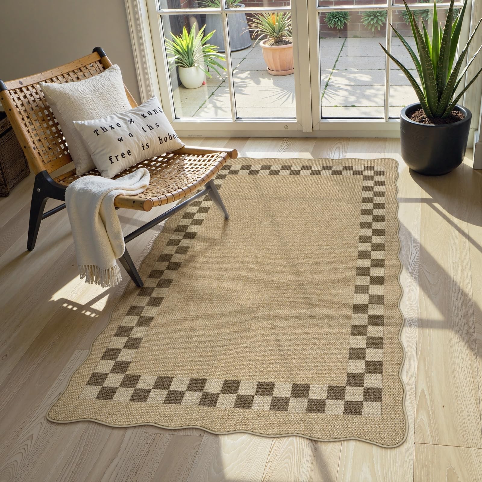 LIVEBOX Scalloped Easy Jute Checkered 3×5 Rug, Washable Non-Slip Tan Farmhouse