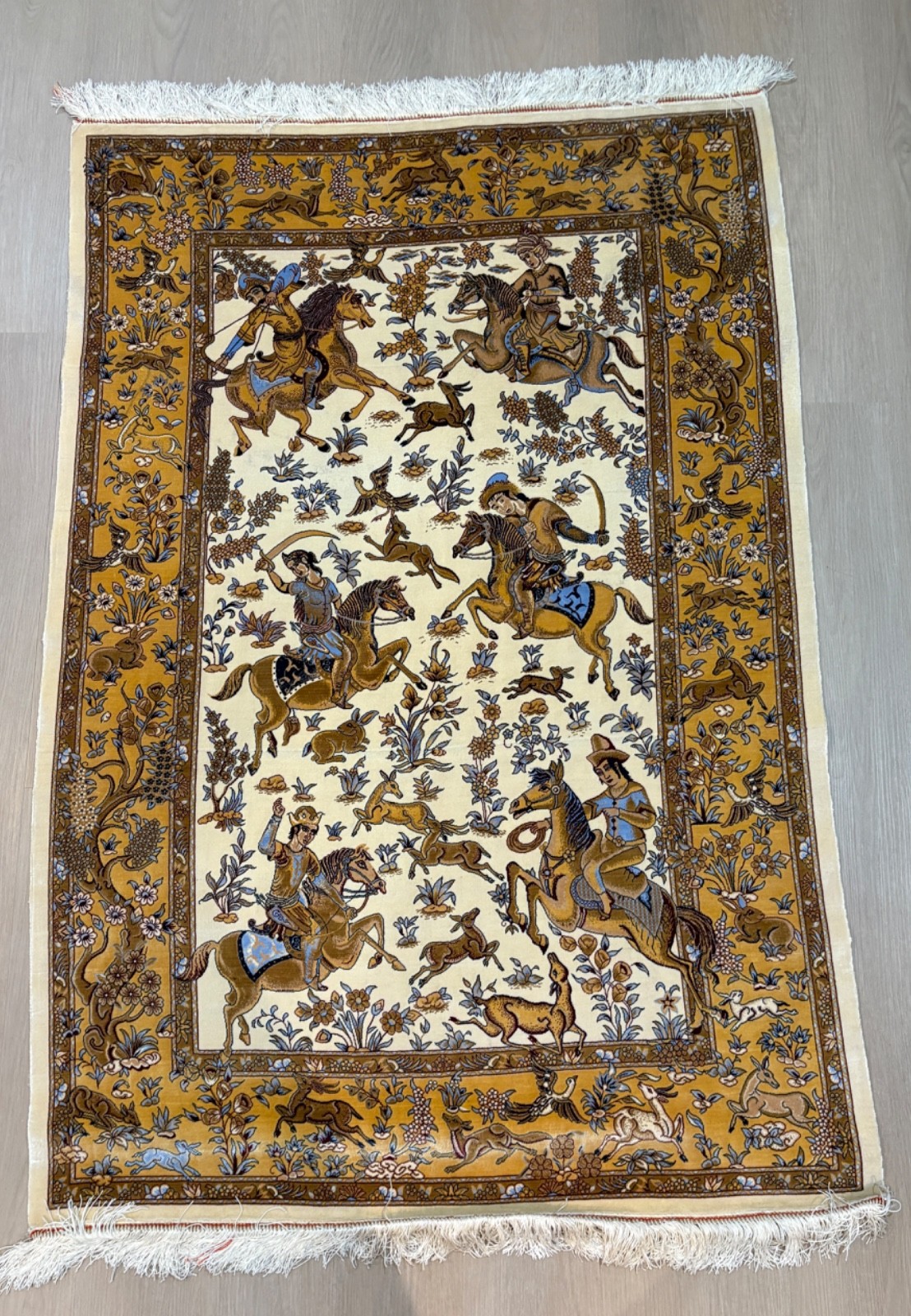 Classical Hunting Scene Rug. Loom Made in Art Silk in Astounding Detail / Colors