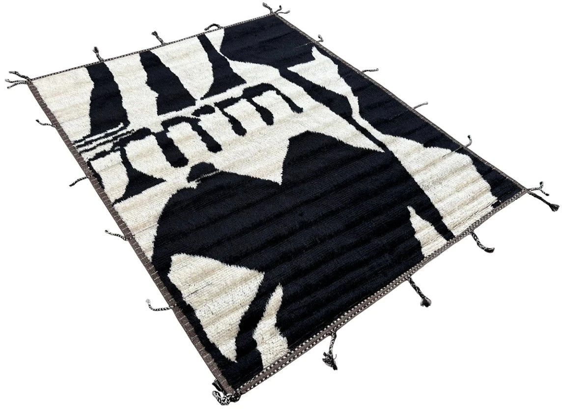 Hand Knotted Style Moroccan Berber Wool Rug Color Black Cream Design Carpet Rug