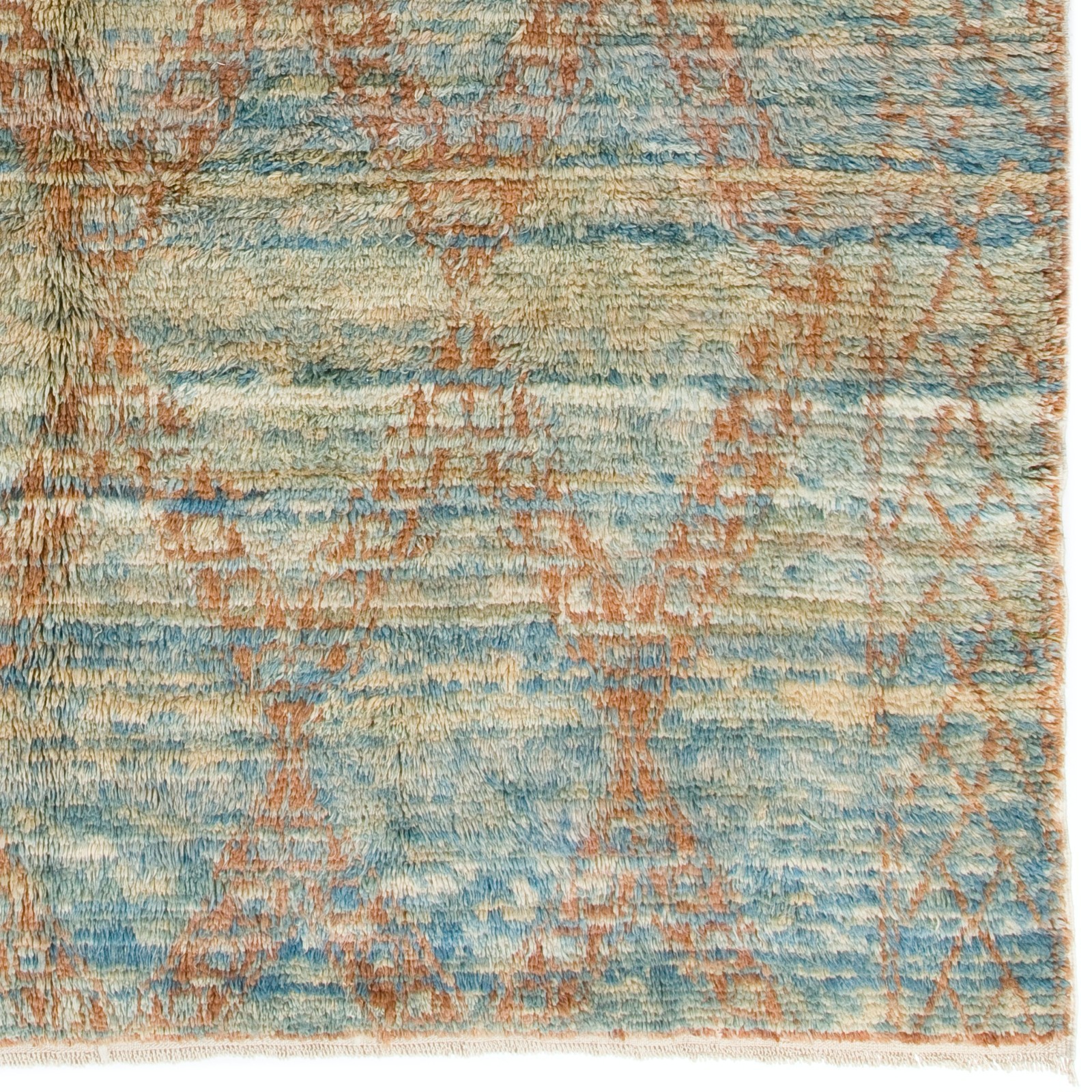 Contemporary Handmade Moroccan Berber Wool Rug in Light Blue and Rust Color