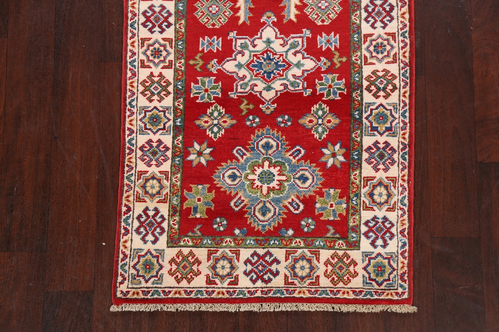 Geometric Red/Ivory Super Kazak 6 ft. Wool Runner Rug Hand-Knotted 6′ 4″ x 2′ 7″