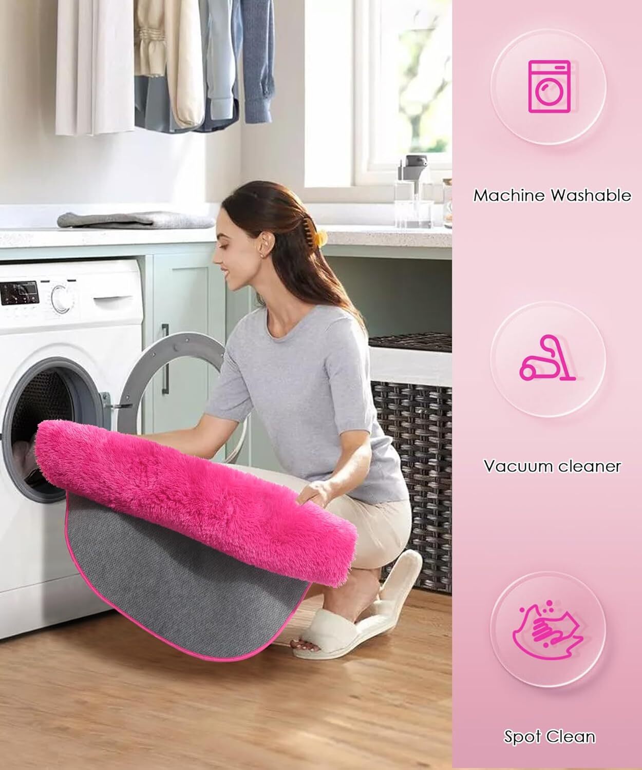 Hot Pink Fluffy Rug 4X4 Feet Soft Plush Carpet With Rubber Backing Machine Wa…
