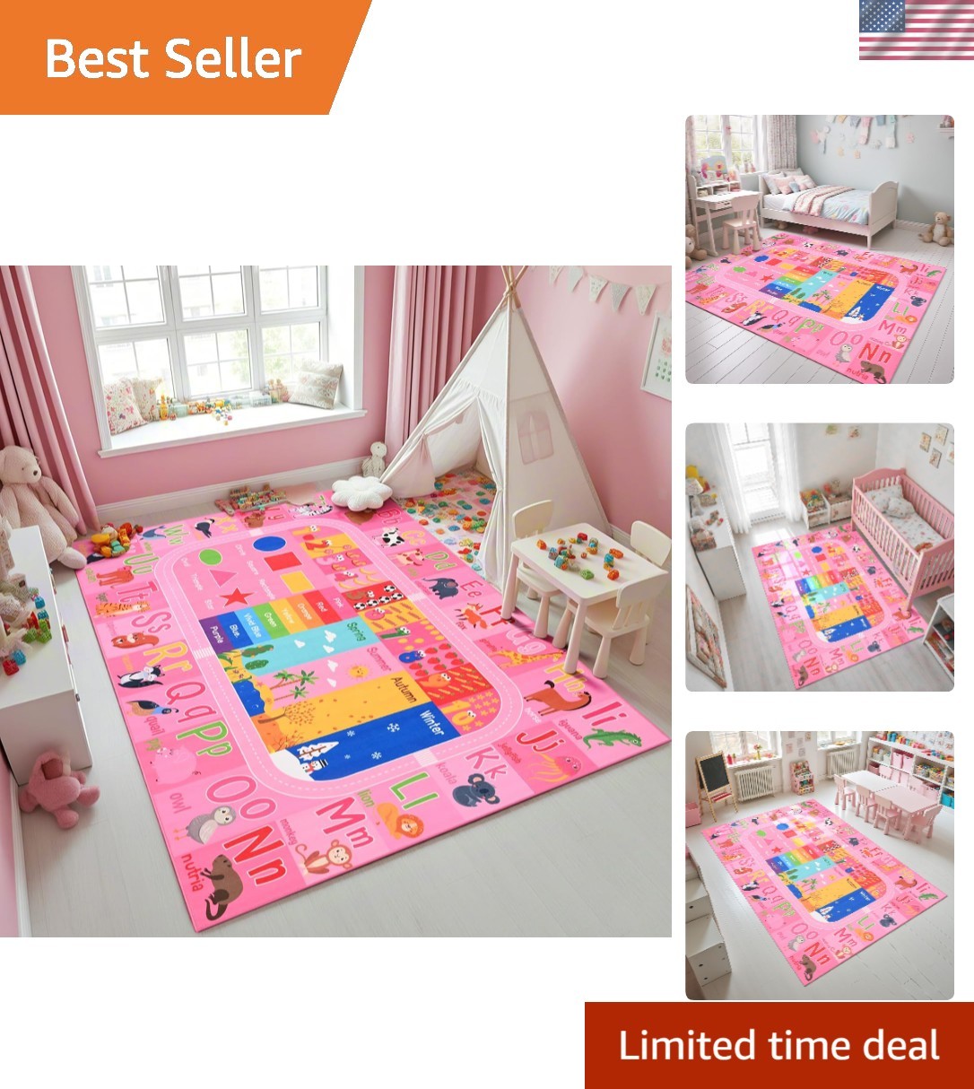 3×5 Playroom Rug – Machine Washable Alphabet and Animal Designs for Kids