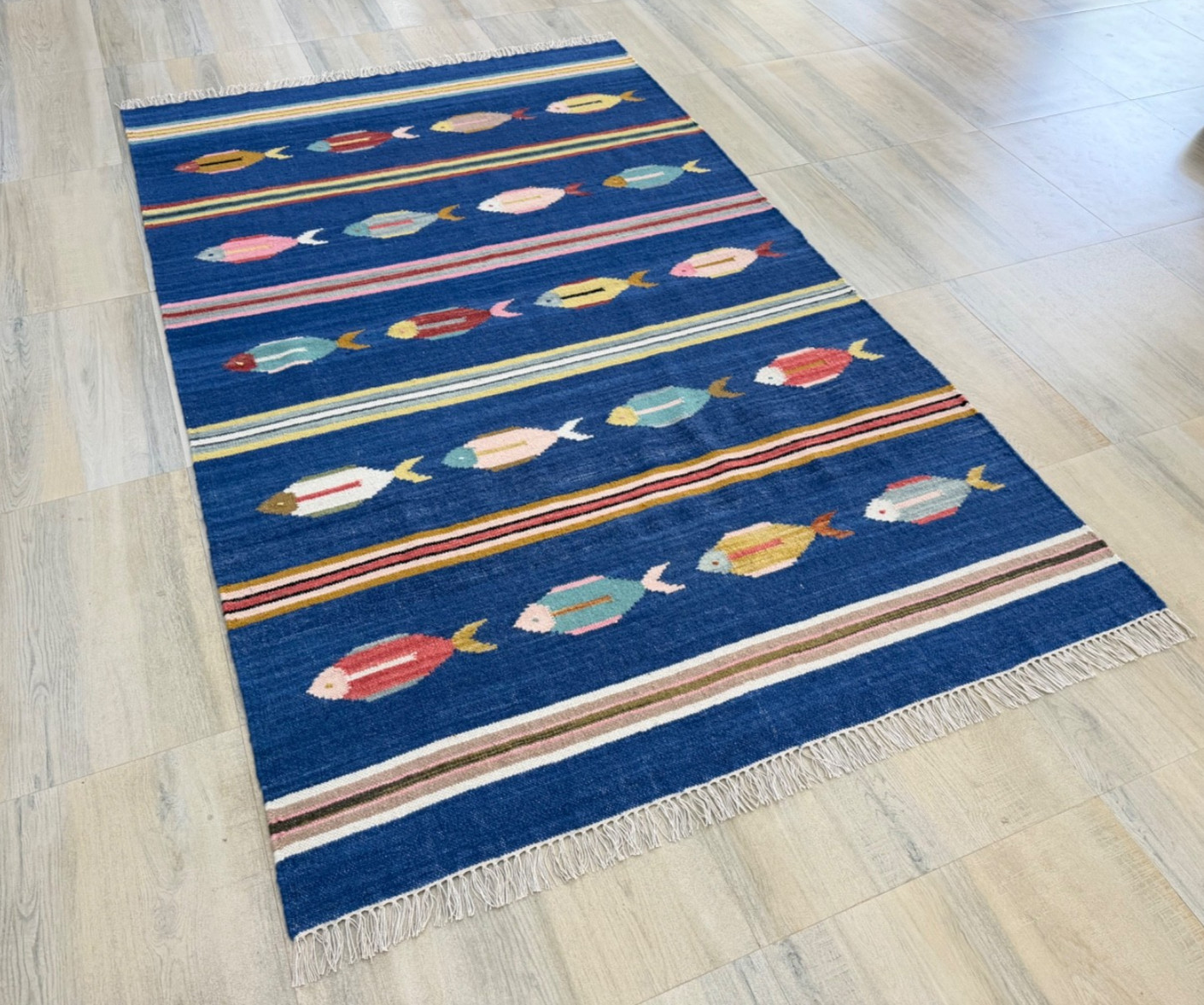 Hand Woven Wool Area Rug 5 x 8 Blue Tribal Folk Art Scandinavian Kilim for Kids