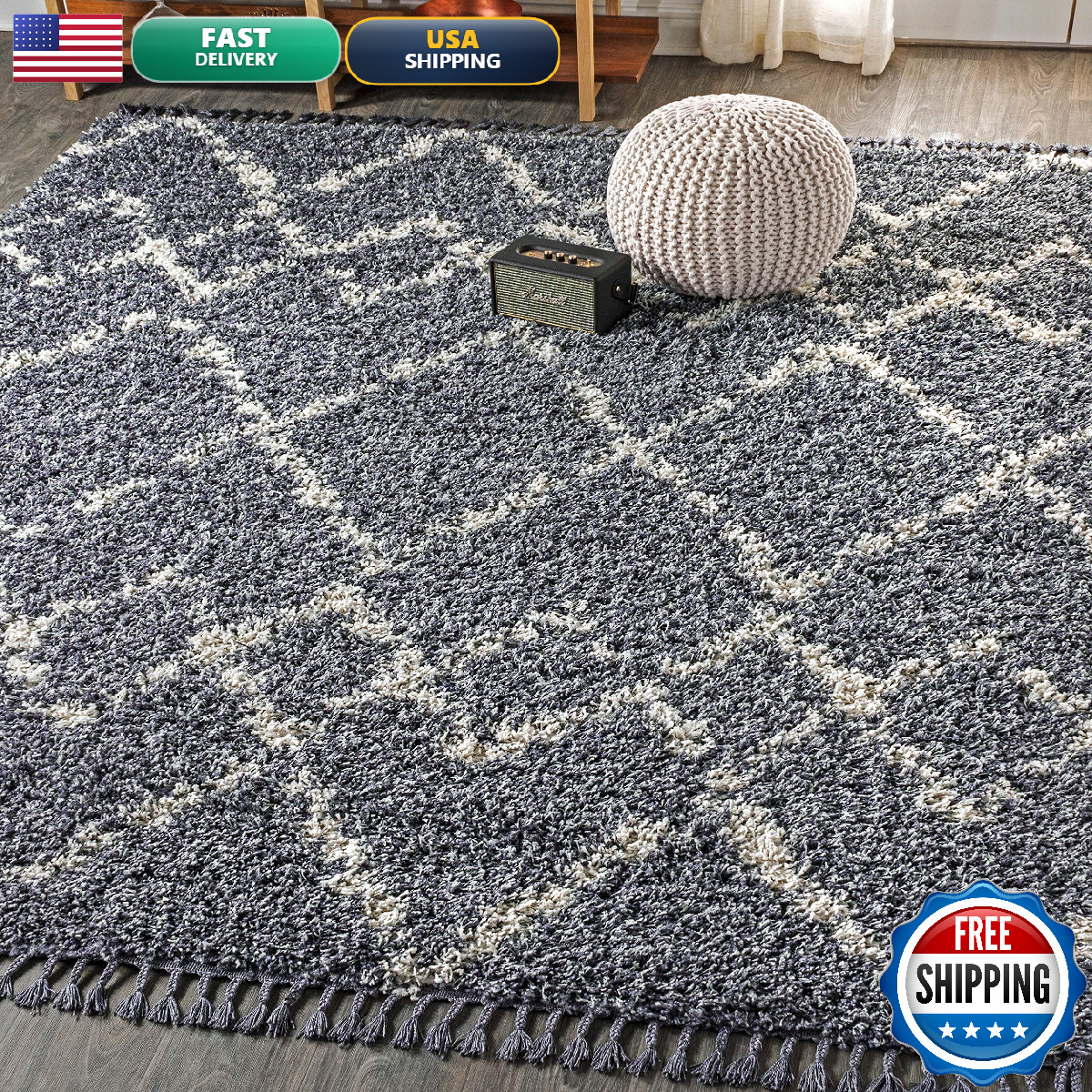 Jonathan Y Mercer Shag Plush Tassel Blue/Cream Indoor Area Rug 5X8 Moroccan