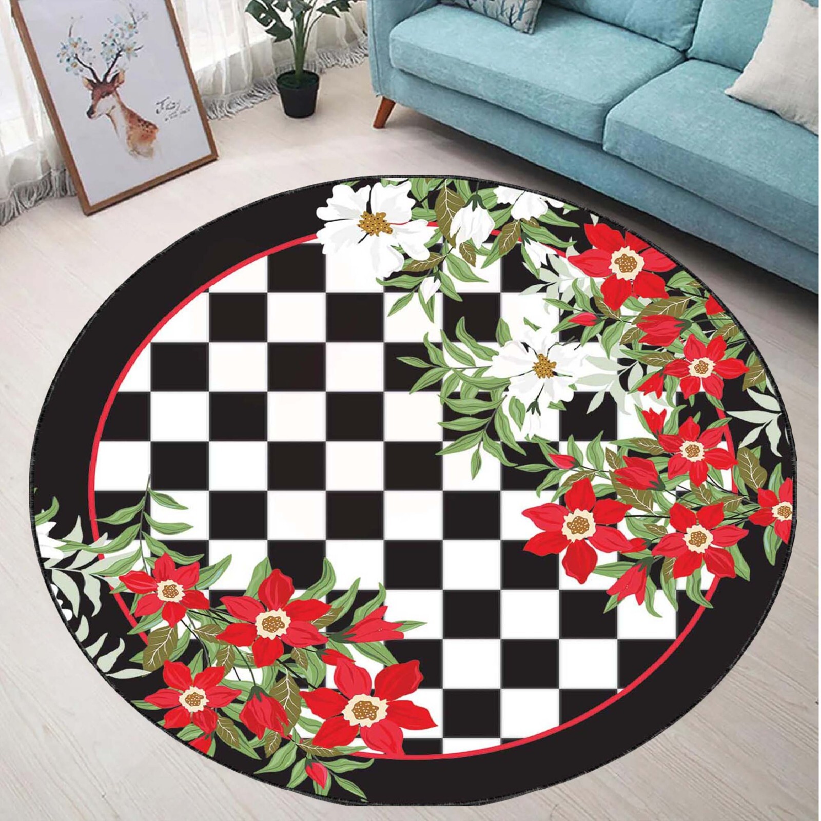 Checkered Floral Rug, Red White Round Mat, Elegant Floor Carpet, Modern Pattern