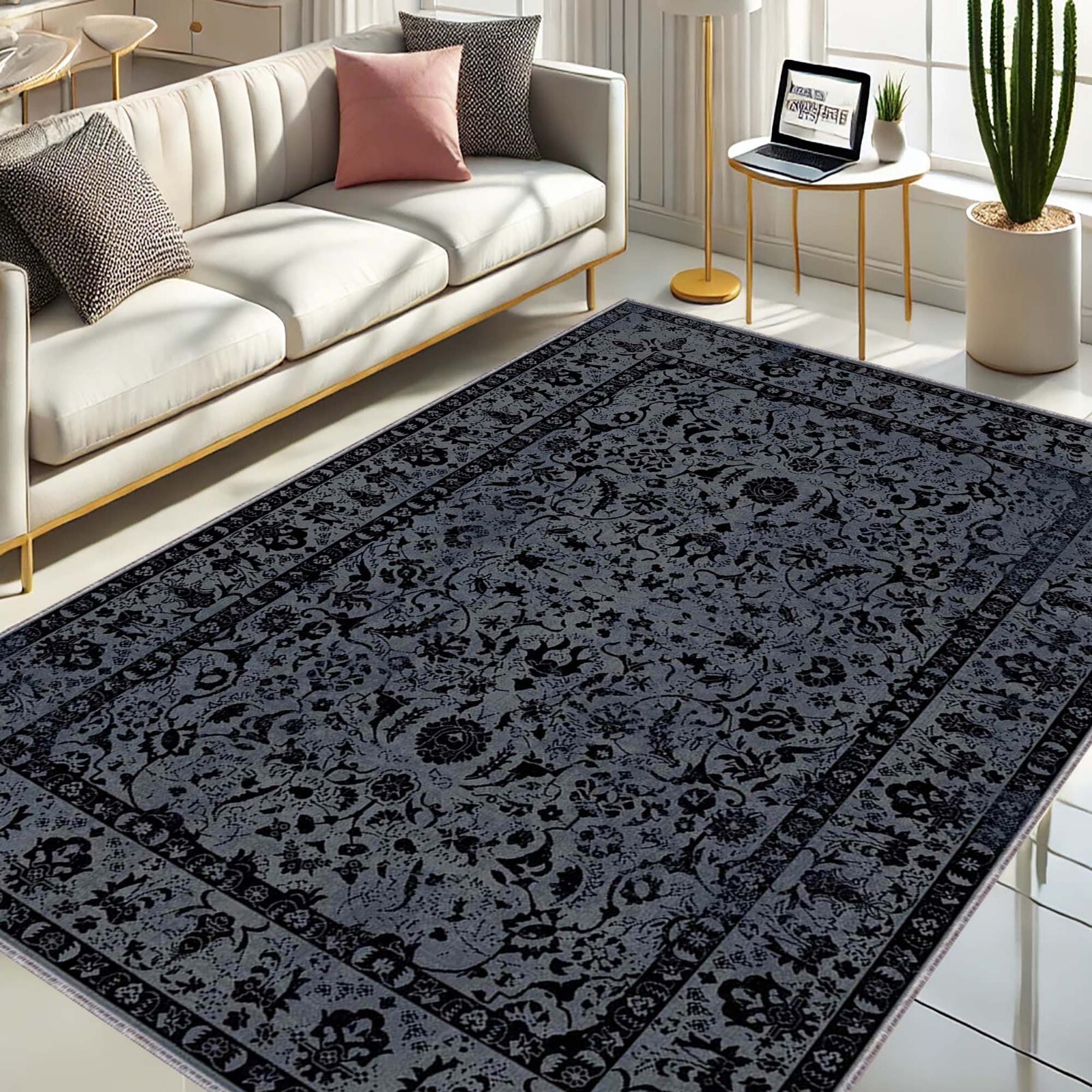 Dark Vintage Style, Classic Decor, Black Gray Mat, Oriental Carpet, Elegant Floo