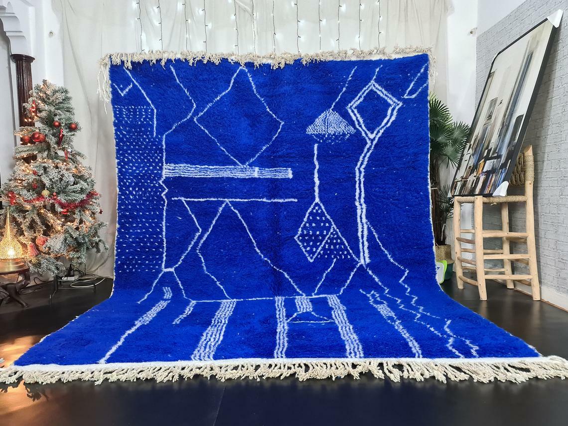 MADE TO ORDER – Moroccan Handmade Beni Ourain Rug Berber Wool Abstract Blue Rug