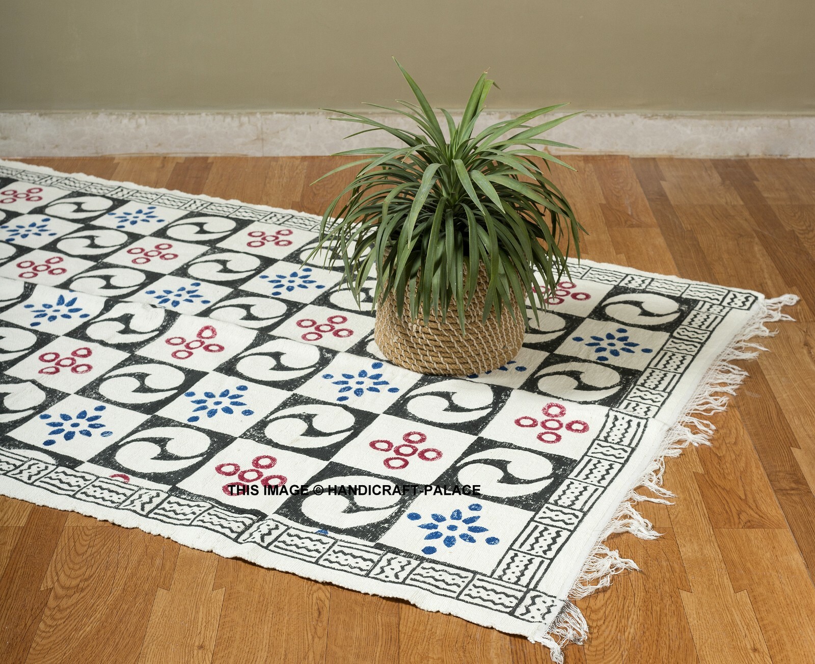 Handmade Block Print Cotton Area Rug Soft Hand Craft Dhurrie Carpet Indian 3.6X6