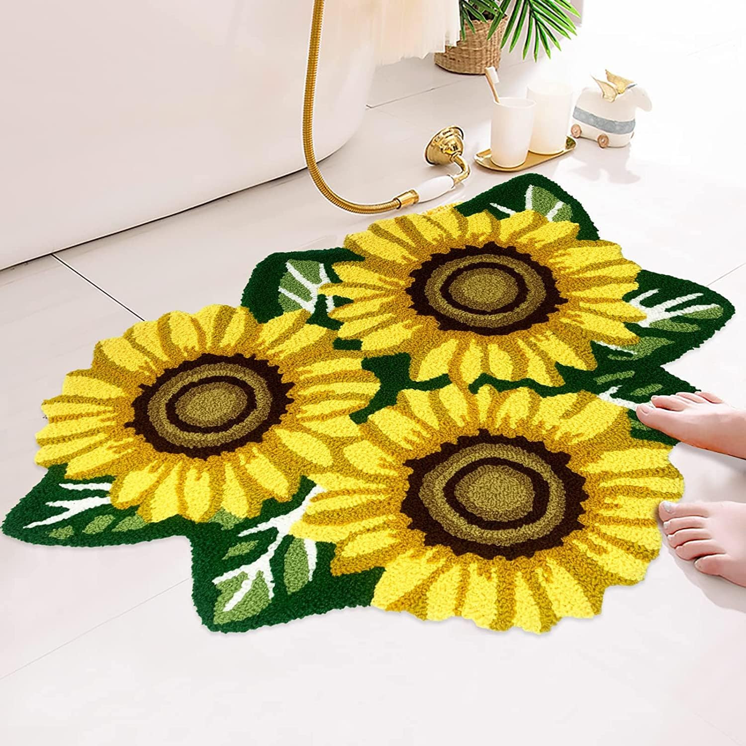 ABREEZE Sunflower Rug Hand Woven Sunflower Carpet,35.4″ X 25.5″ Flower Shaped Wa