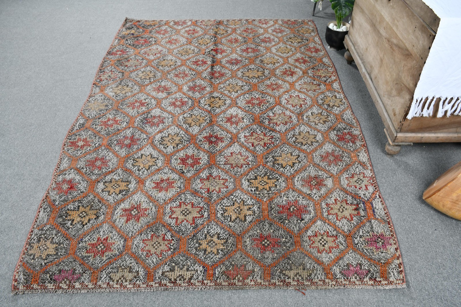 5,1×7,5 ft Area Turkish Rug, Orange Southwestern Vintage Rug