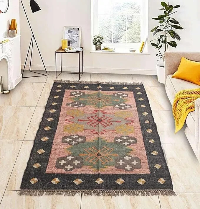 Rug Wool Jute Indian Village Vintage Kilim handwoven Carpet Rectangle Area Rug