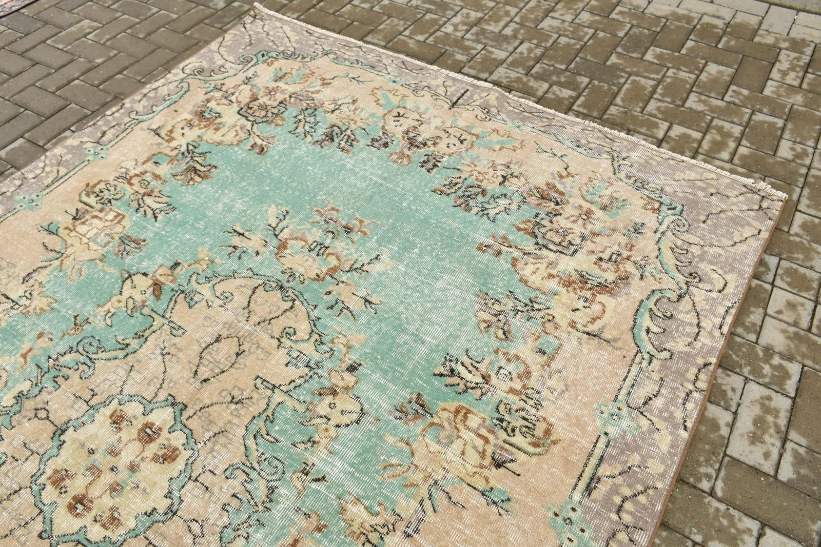 Vintage Large Rug 6,3×10,1 ft (192×307 cm), Turkish Green Handmade Rug