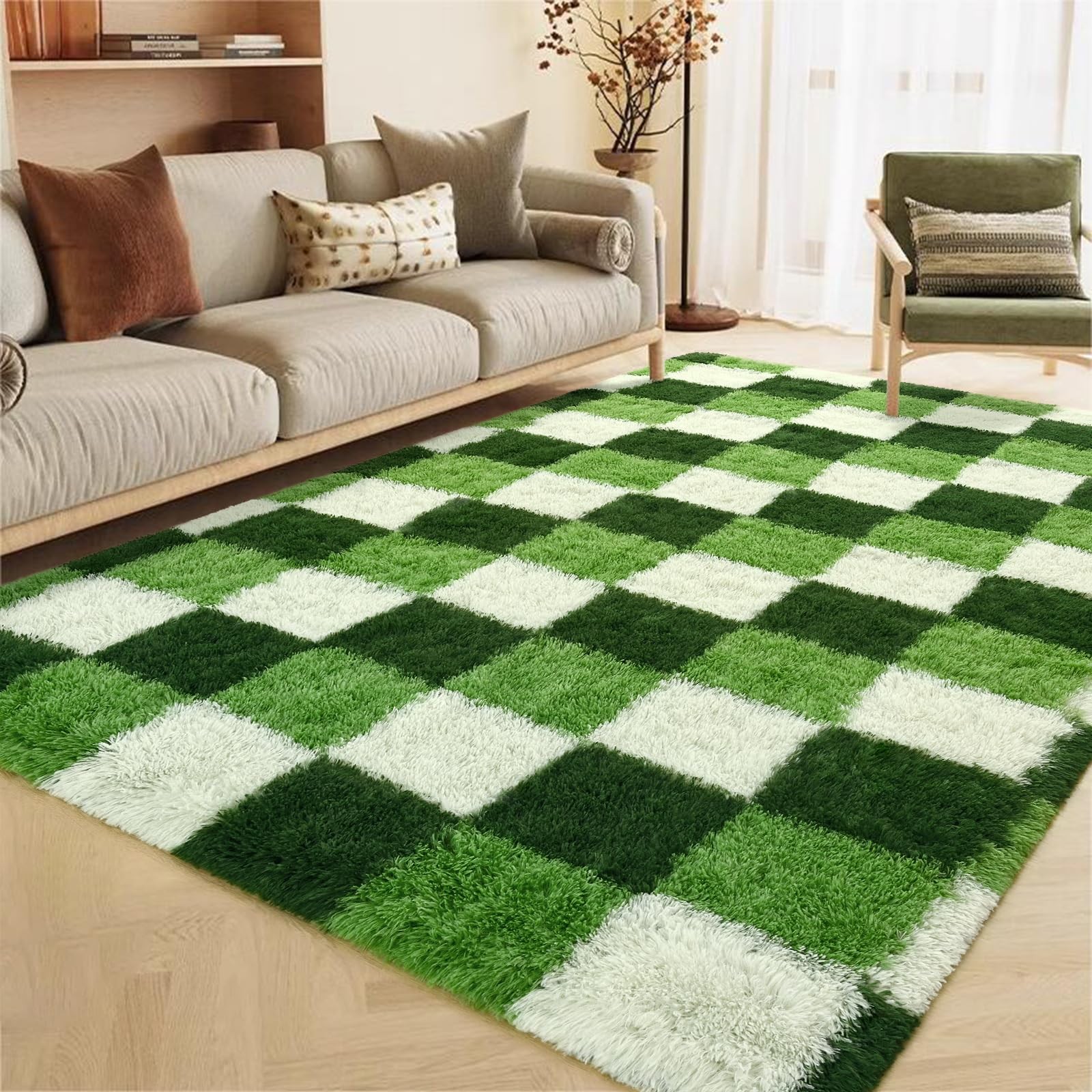 Zedrew Shag Area Rug, 4×6 ft Deep Green White Fluffy Rugs for Bedroom Living
