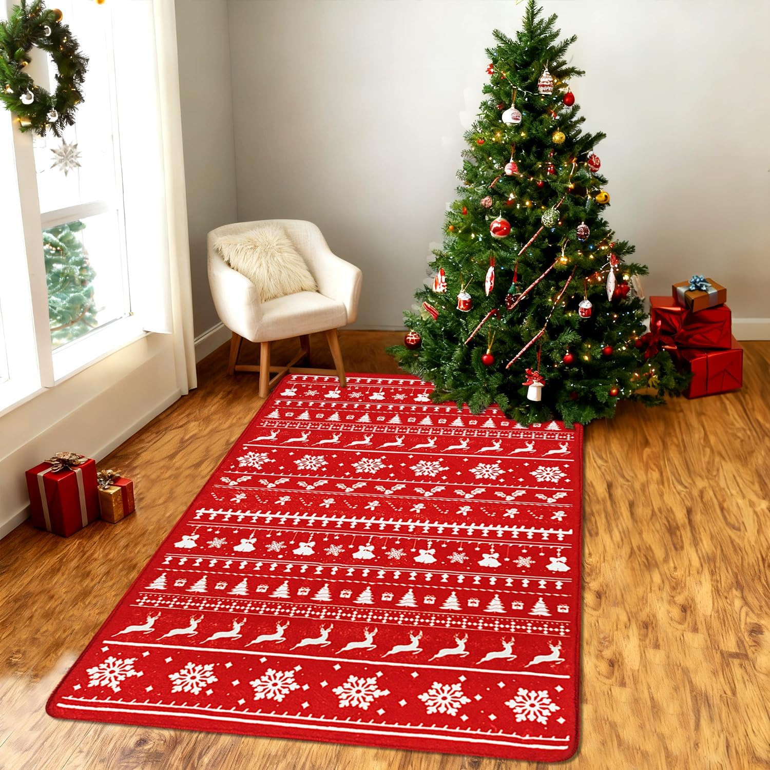 Christmas Area Rug 3X5 Red Vintage Floral Non-Slip Holiday Carpet for Living Roo