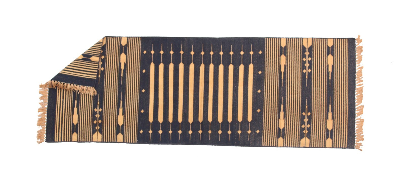 🧵 Black & Golden Yellow Striped Cotton Runner – Reversible Handwoven Kilim Rugs