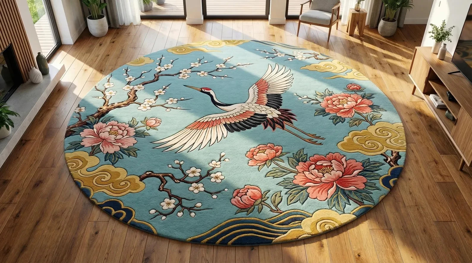 Chinoiserie Crane Rug Blue Floral Hand Tufted Wool Area Rug Luxury Handmade Wool