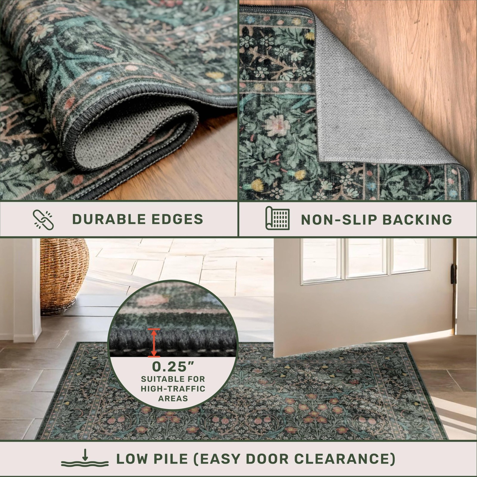 Dining Room Rugs for Under Table – 6×8 Washable Dark Green Area Rug for Livin…