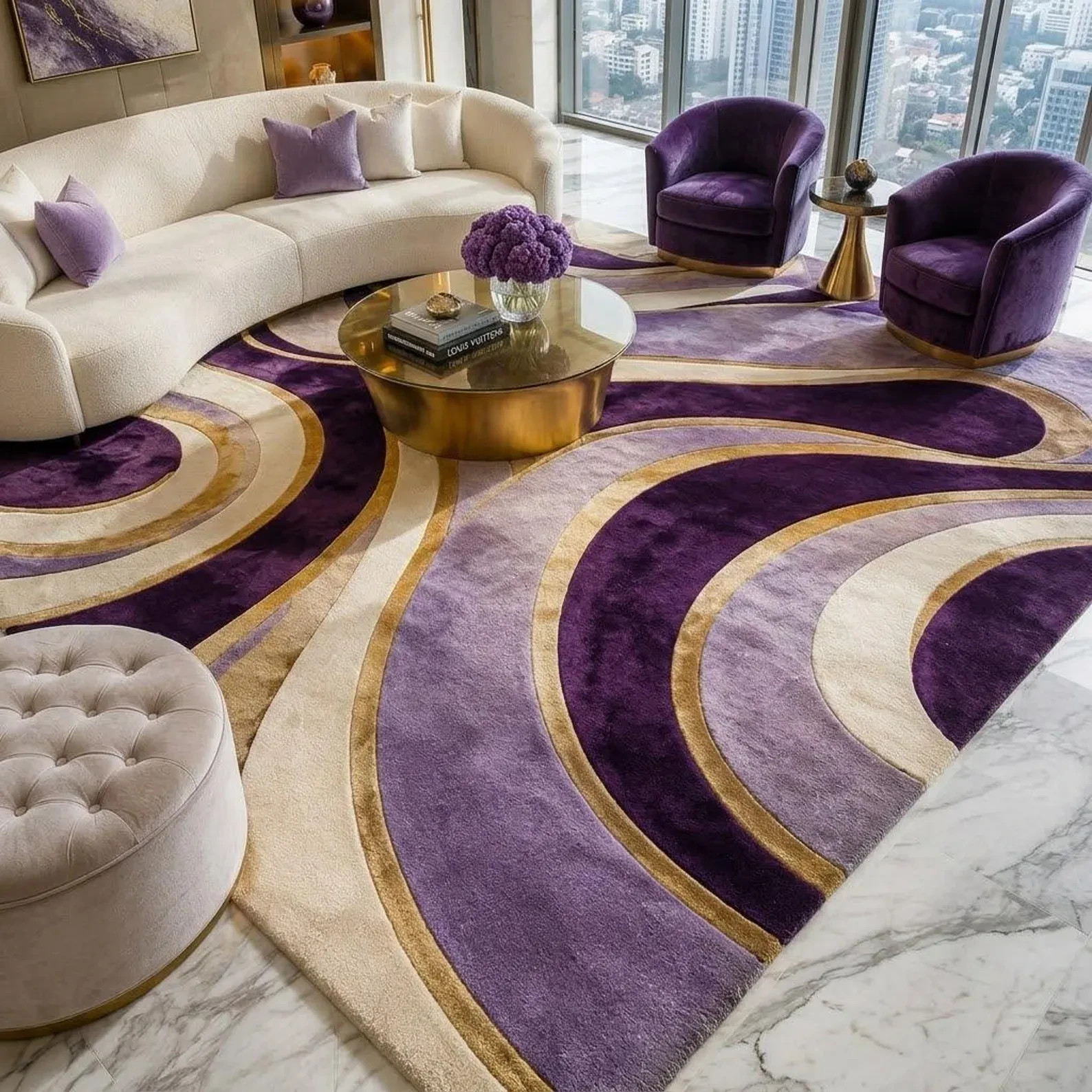 Hand Tufted Purple Abstract Wool Rug, Modern Area Rug, Mid Century Retro Carpet,