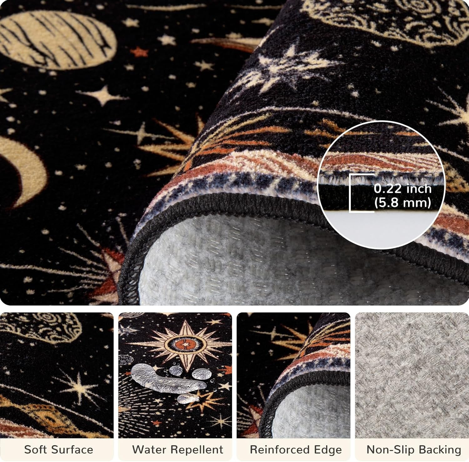 5X7 Area Rugs, Washable Vacuum-Friendly Non-Slip Rug Vintage Boho Gothic Sun and