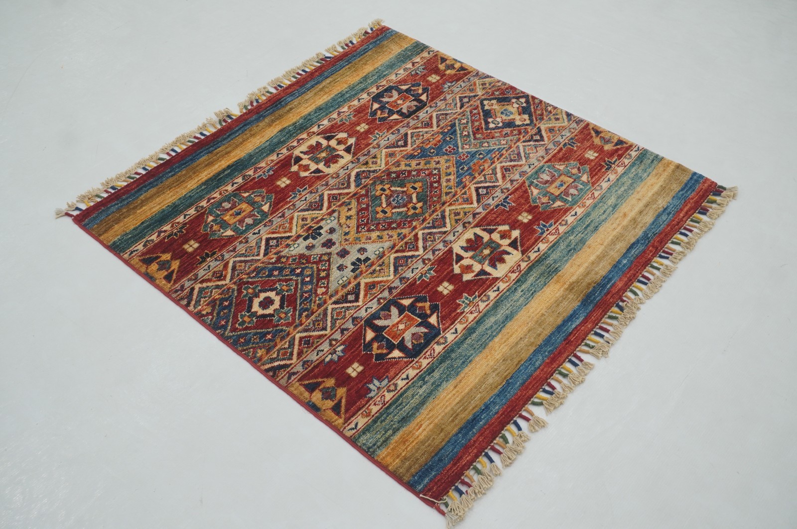 3×3 ft Red Khorjin Afghan Hand Knotted Wool Tribal Small Square Rug