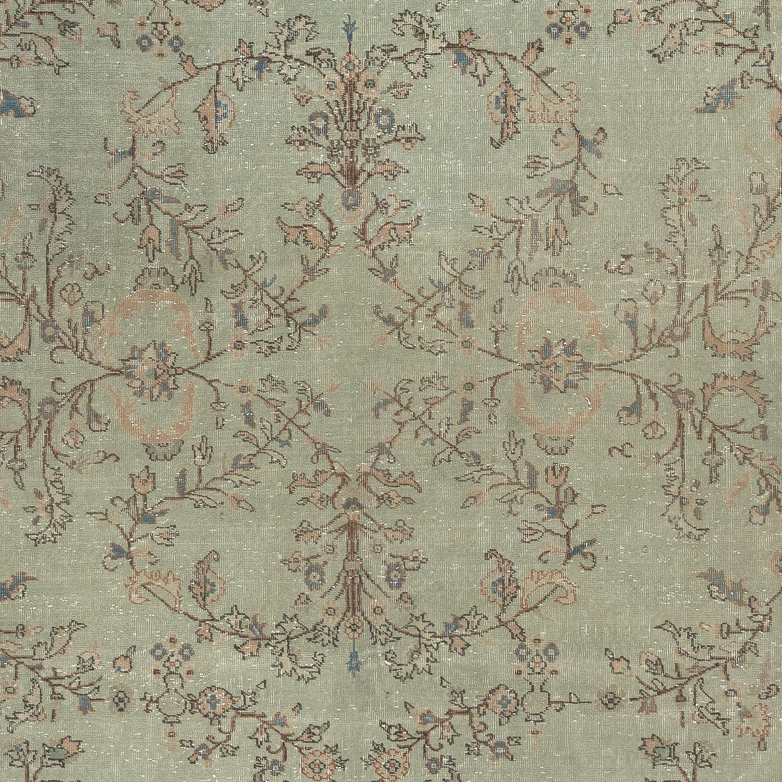 7.6×11.6 Ft Vintage Handmade Soft Green Rug. Unique Floral Design Turkish Carpet