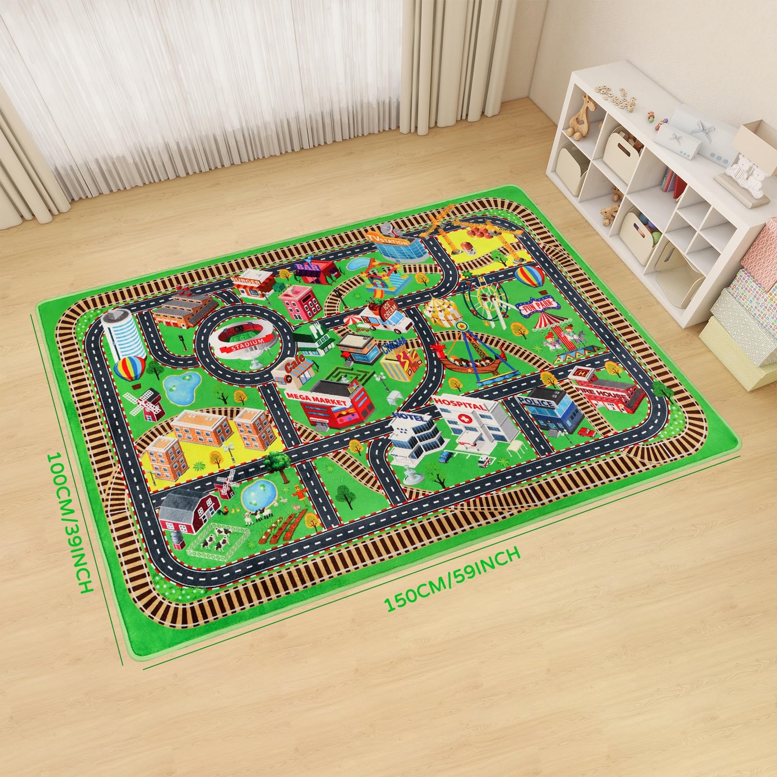 Kids Rug Play Mat for Toy Cars, City Life 3D Road Traffic 39.4″×59″ for Playr…