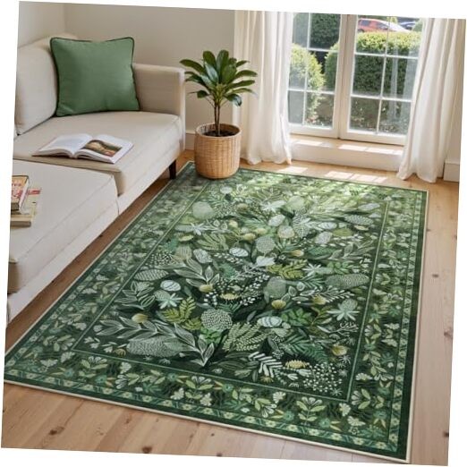 Green Botanical Floral Washable 5×7 Area Rugs, Abstract Large Rugs for Living