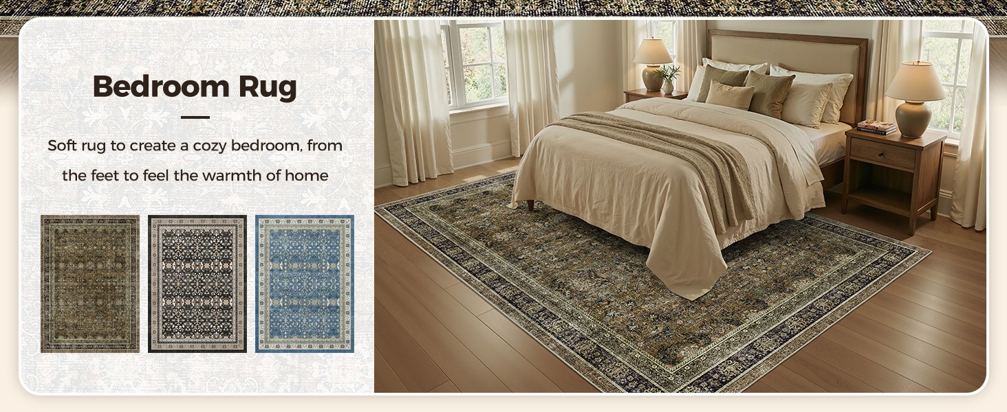 9×12 Living Room Rug: Vintage Boho Modern Moody Retro Antique Dark Carpet,