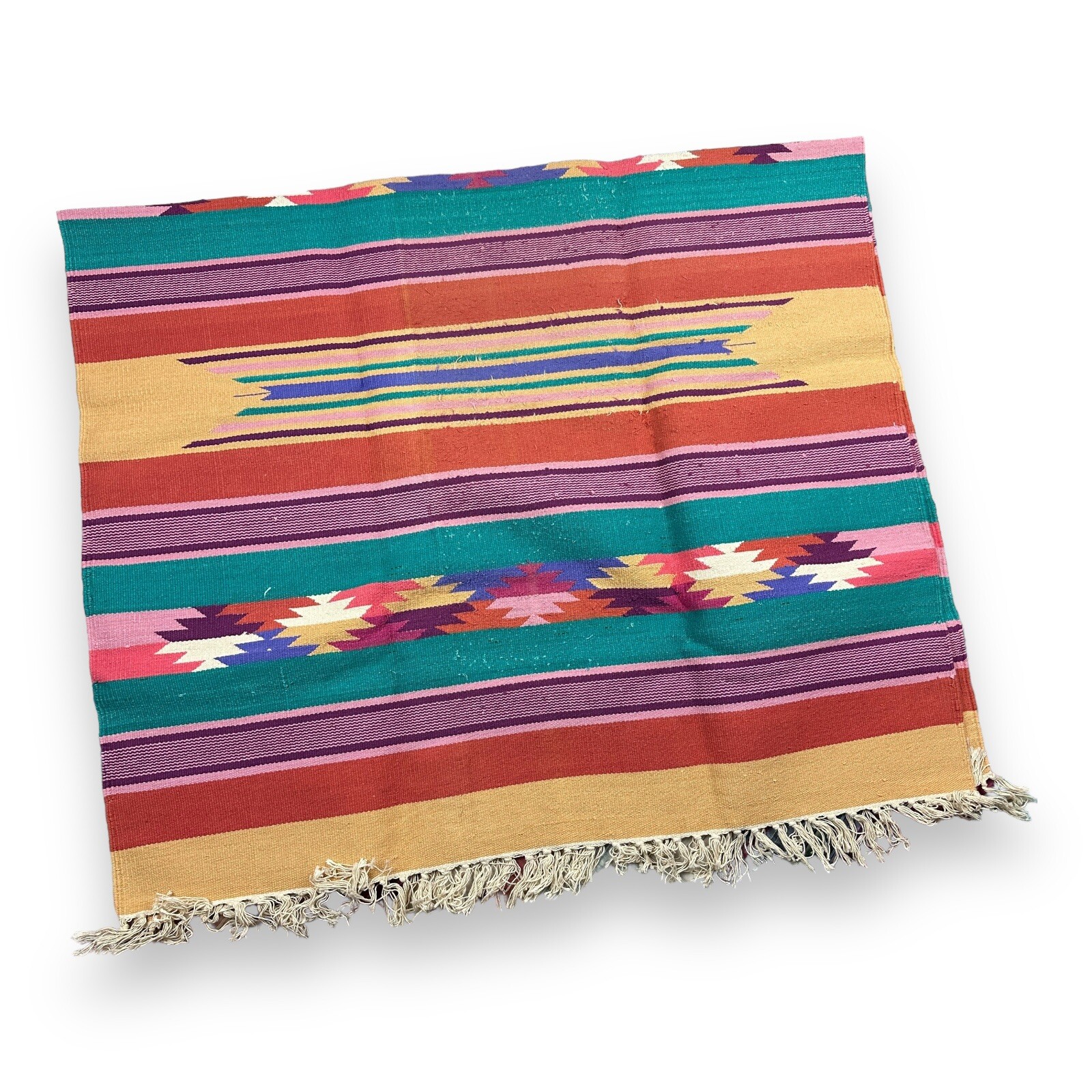 Pier One Imports Southwestern Handmade Woven Rug Cotton Aztec w/ Fringe 42×66”