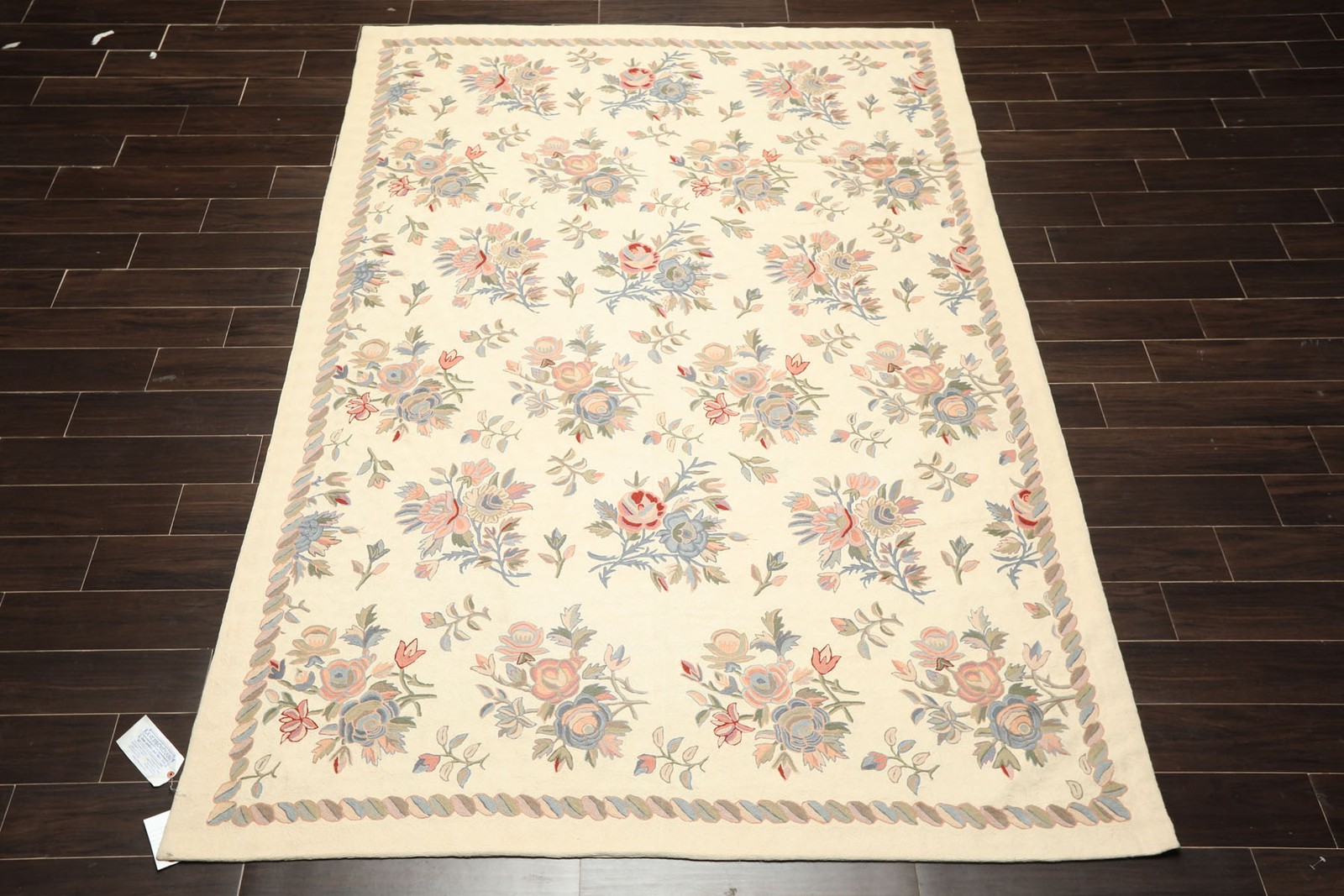 6×9 Hand Woven Wool Ivory, Rose Chainstitch Flatweave Traditional Floral Rug