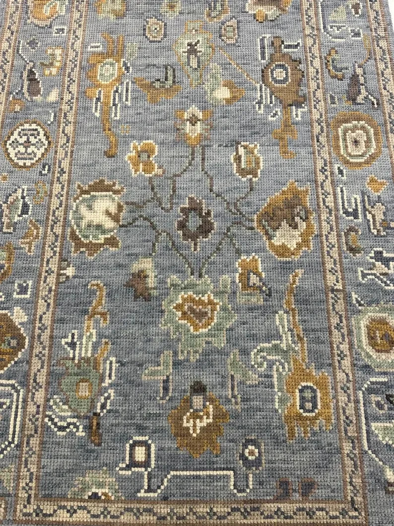 Hand Knotted Oushak Wool Rug Light Blue Beige Brown Floral Room Size