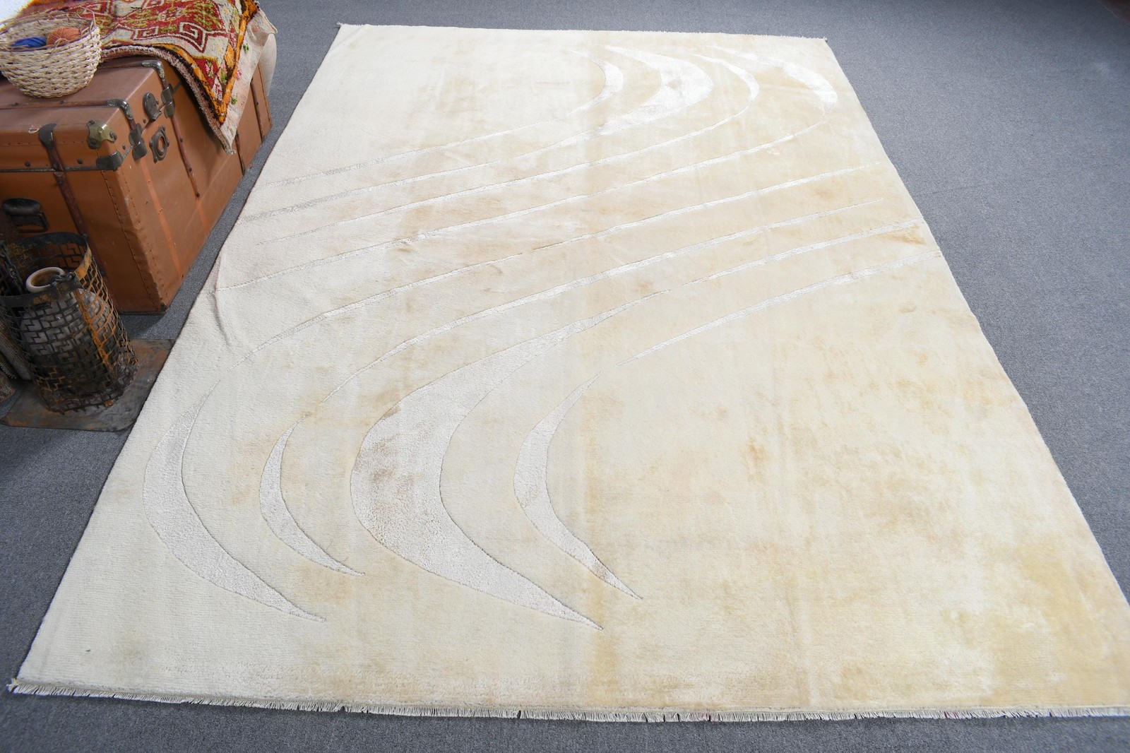 Turkish Large Rug, 6,3×9,3 ft Vintage Rug, White Wool Rug