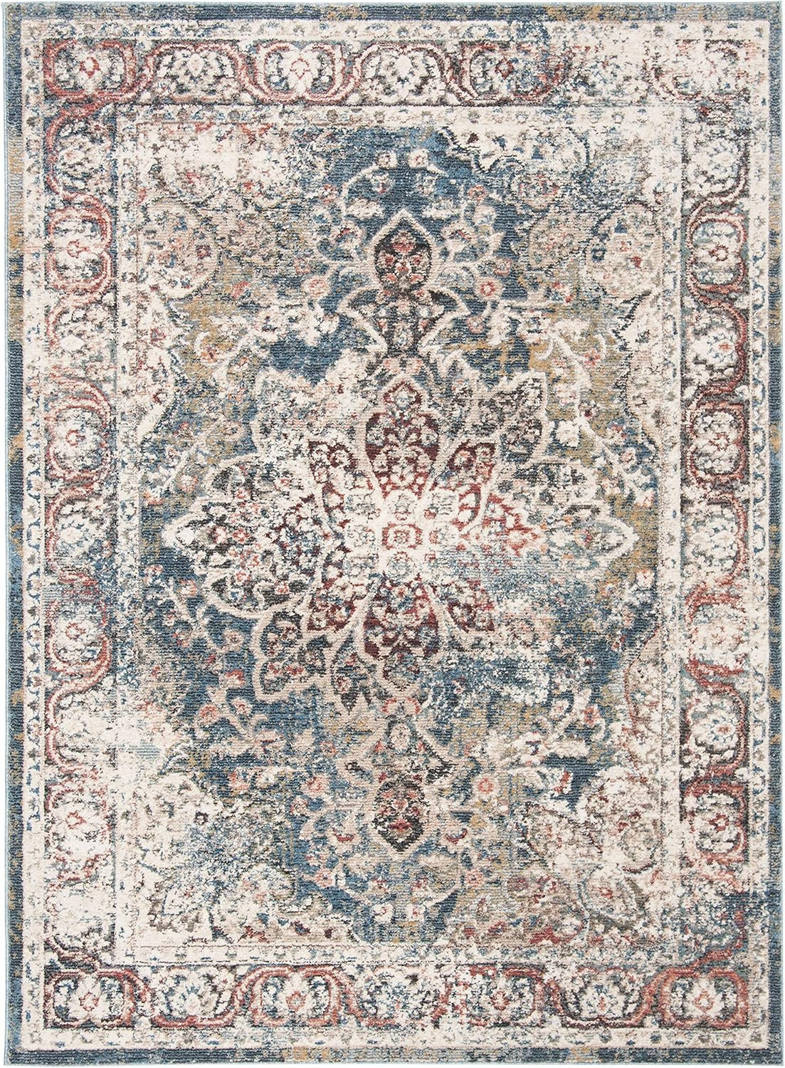 Vintage Turquoise/Ivory Area Rug 6’7″ x 9′ for Living Room & Bedroom