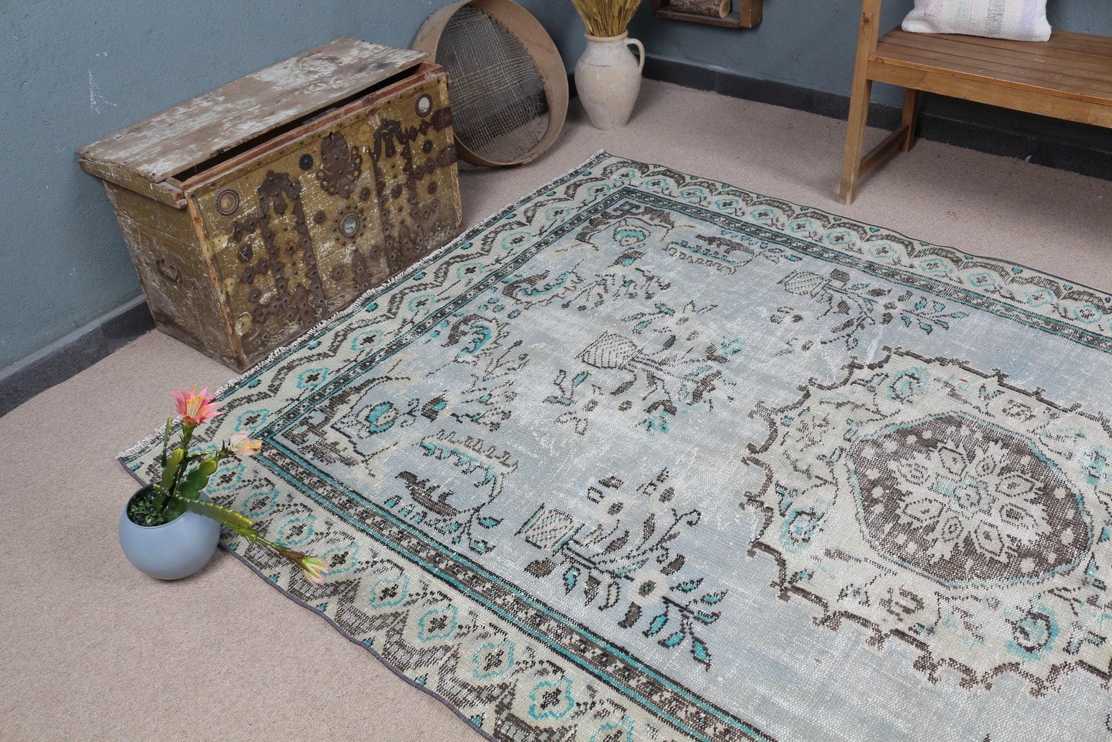 Vintage 5,9×9,6 ft Rug, Large Turkish Rug, Blue Gray Ombré Wool Rug