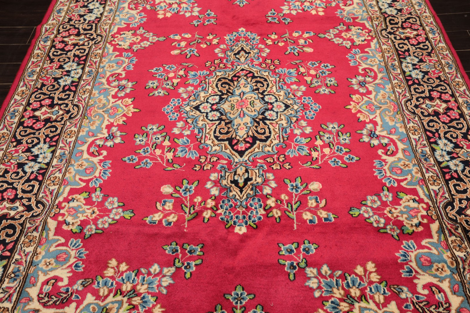 6’11”x10 Hand Knotted Wool Fuschia Kermaan Vintage Vegetable dyes Rug