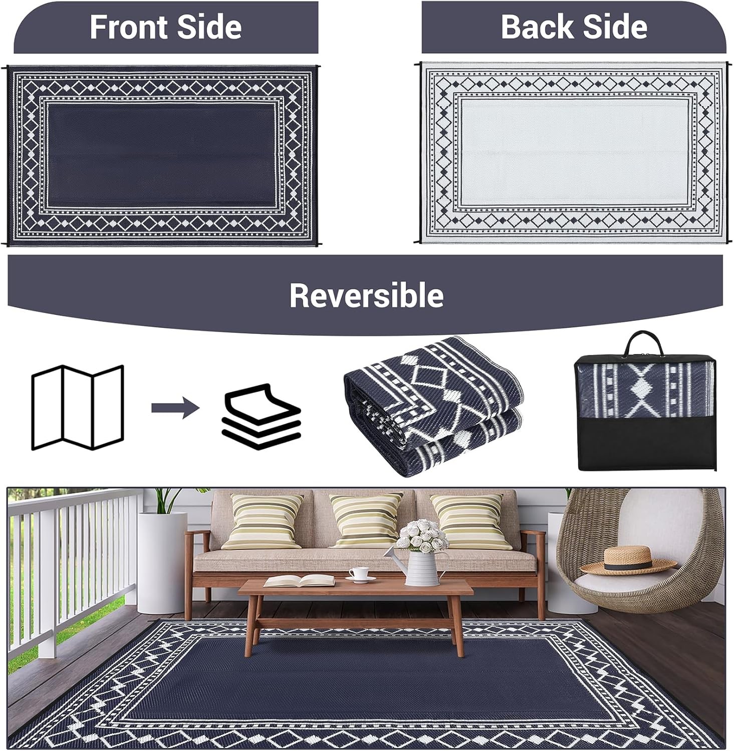 Outdoor Rug Plastic Straw Reversible Carpet Mat for Patio Camping Backyard Deck