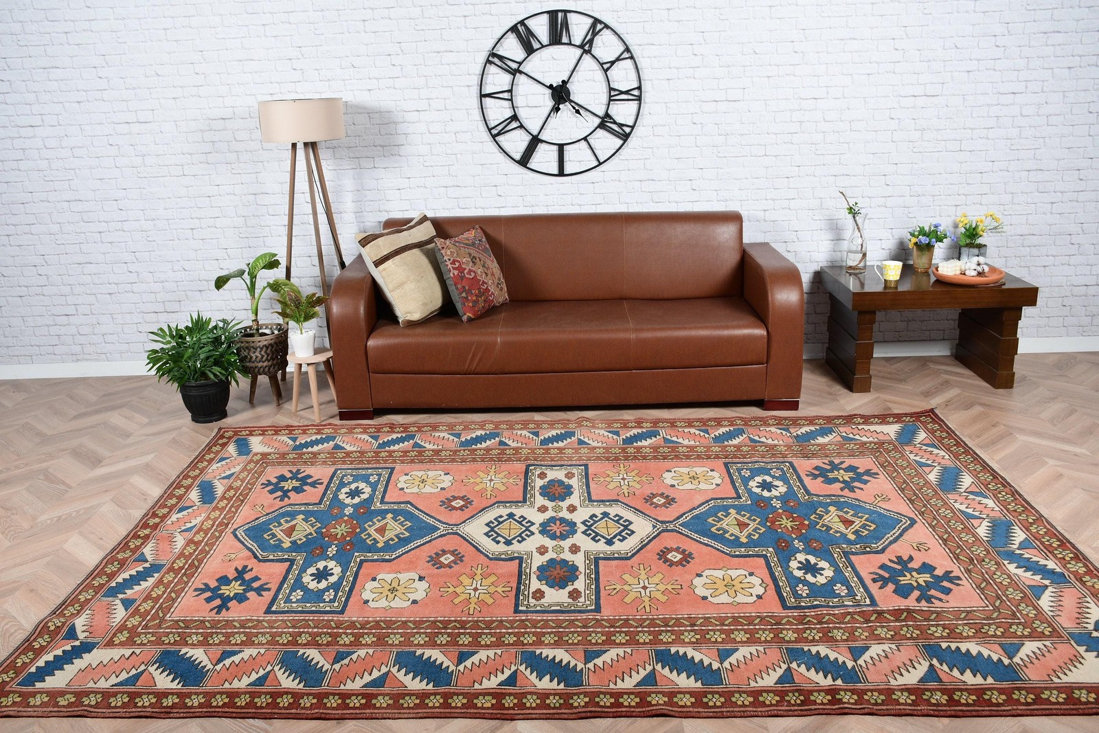 6,4×10 ft Turkish Rug, Vintage Large Rug, Blue Southwestern Wool Rug