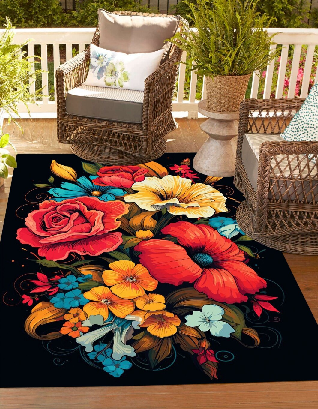 Floral Artistic Print Area Rug Multicolor Flowers Black Backing Rug for Balcony