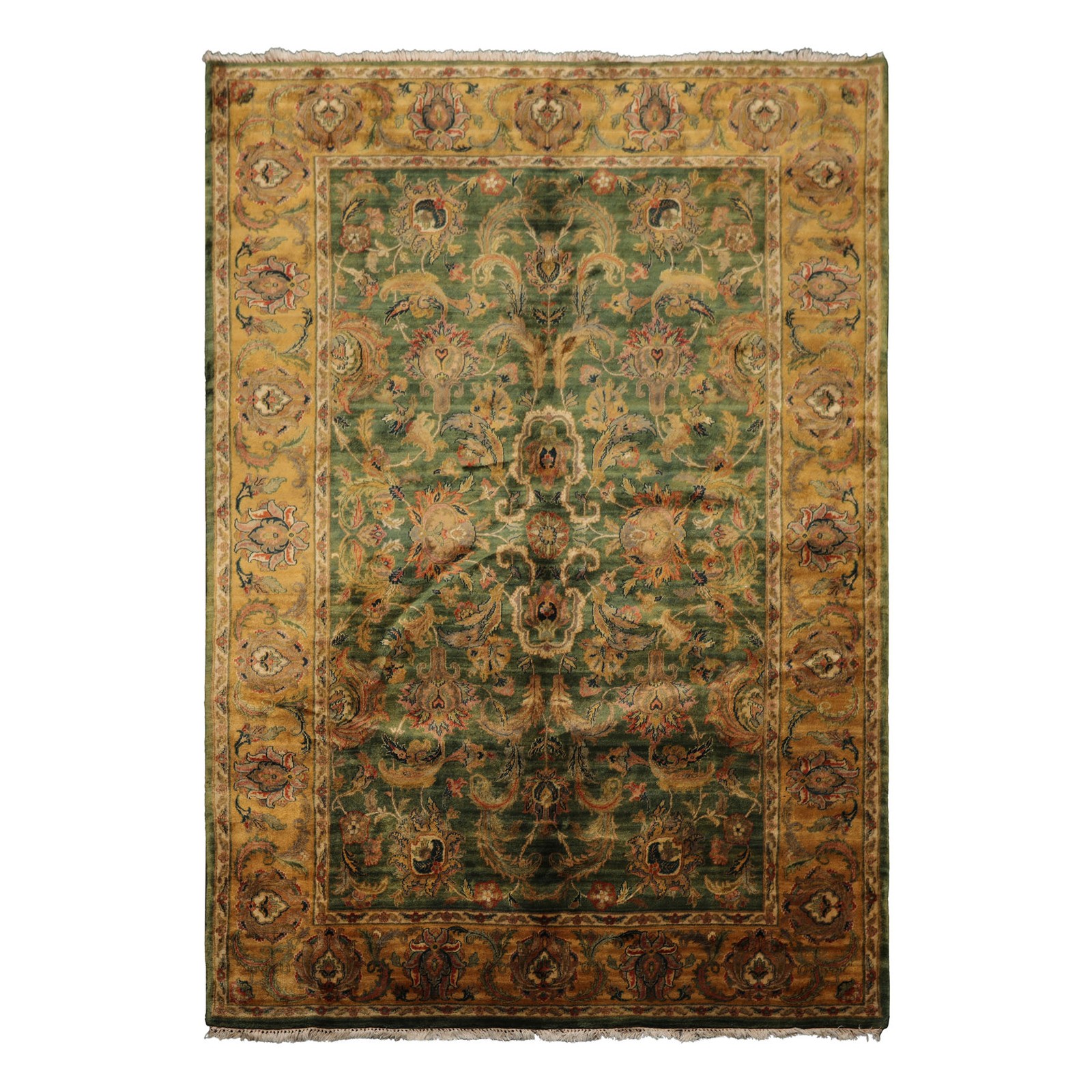 6’3″x9’3″ Hand Knotted Wool Green Agra Gold Wash Silky Sheen Plush Pile Rug