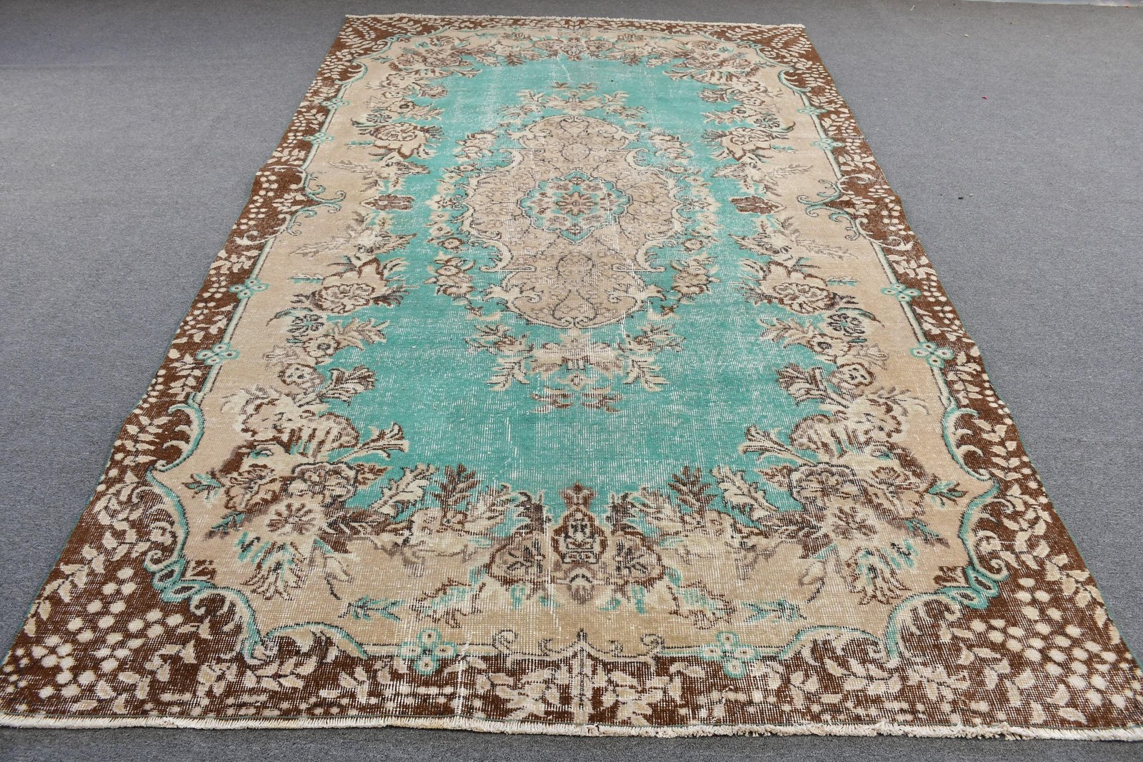Vintage Turkish Rug, 6,3×10,2 ft Large Rug, Blue Brown Patchwork Rug